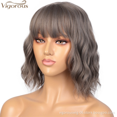 Vigorous Best Sale Wholesale Price Short Bob Grey Wig With Neat Bangs Synthetic Wave Wigs Heat Resistant Fiber